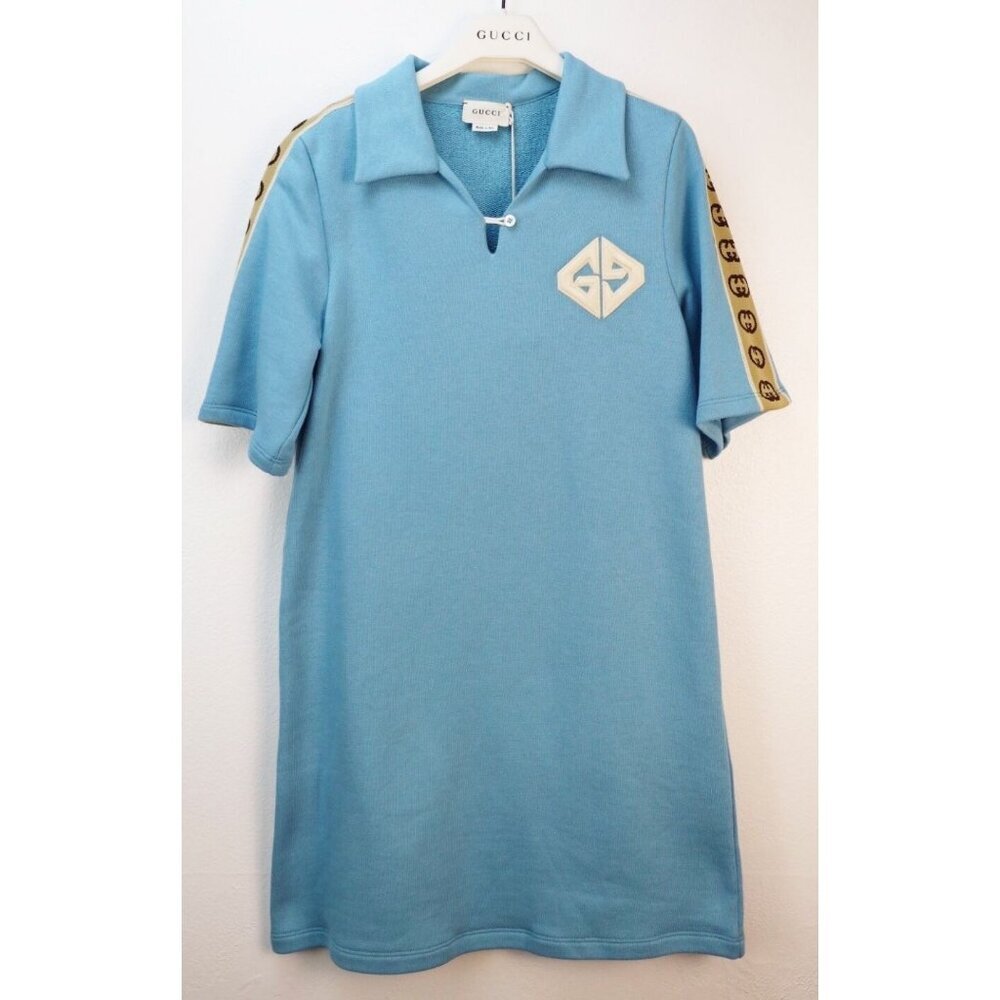 NWT Gucci kids GG logo cotton polo dress in light blue Size 10